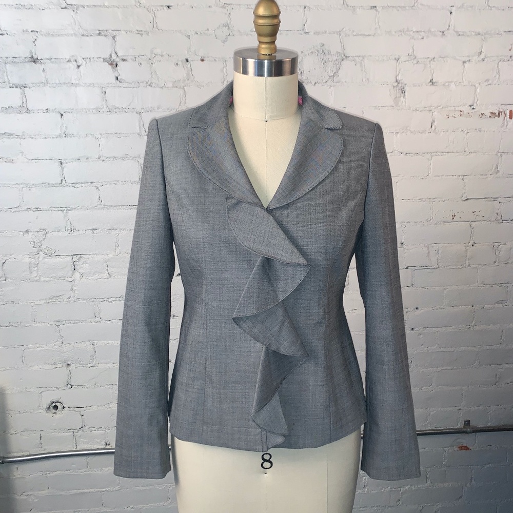 Ann Klein Grey Jacket with  ruffle andpink lining